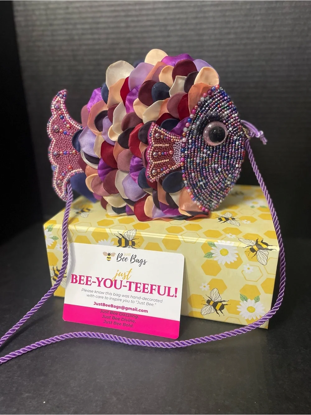 Just Bee Bags Shy Violet is a Playful Purple Beaded Fish Crossbody Hand Beaded!